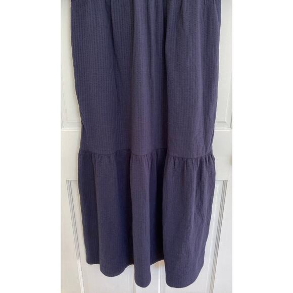 BODEN Navy Blue Jersey Seersucker Puff Sleeve V-Neck Cotton Midi Dress - Picture 9 of 11